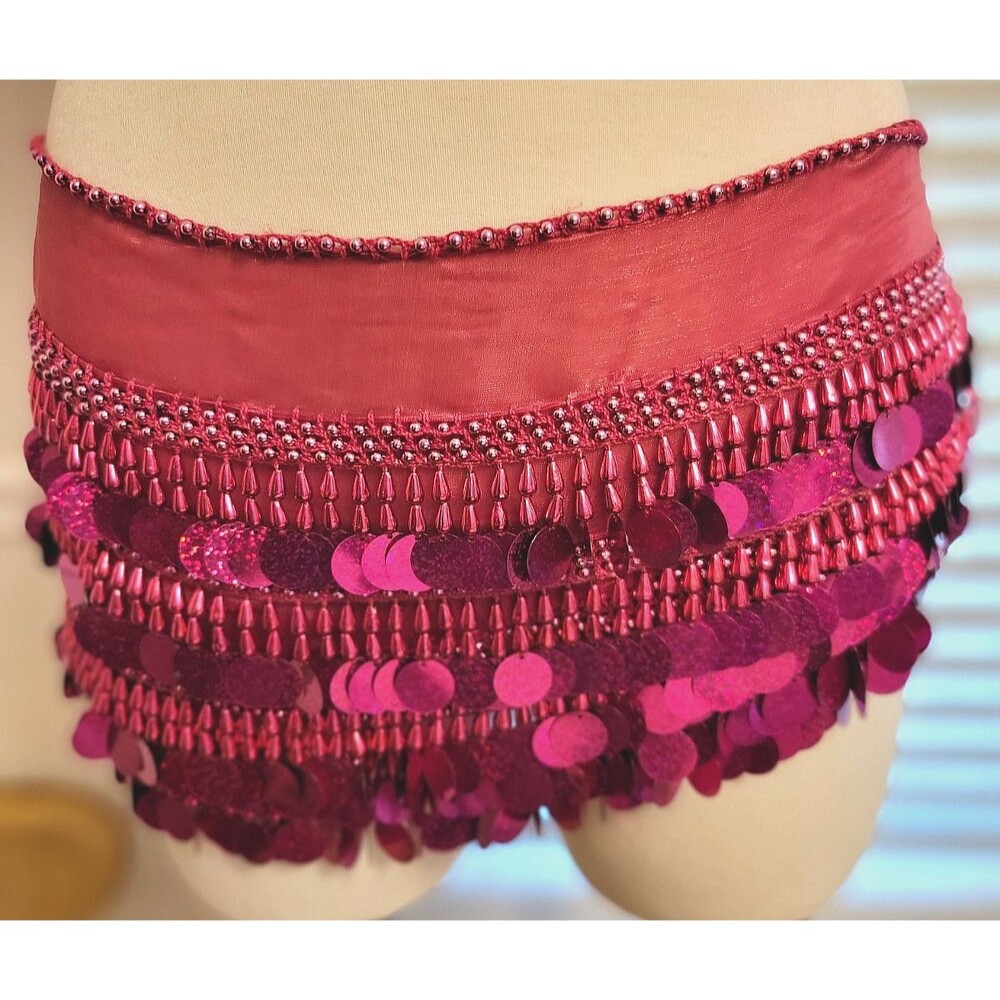 Belly Dance Paillette Hip Scarf Burgundy Magenta Beaded Fringe Preowned Costume